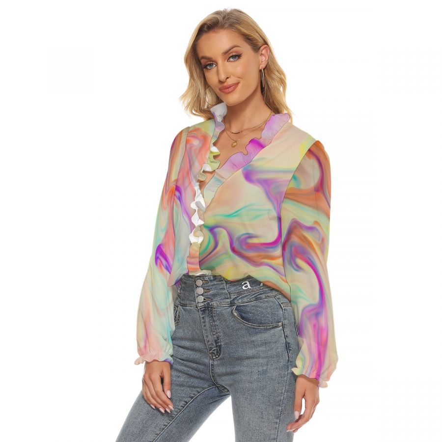 All-Over Print Women's Pleated Collar V-neck Shirt - Image 2