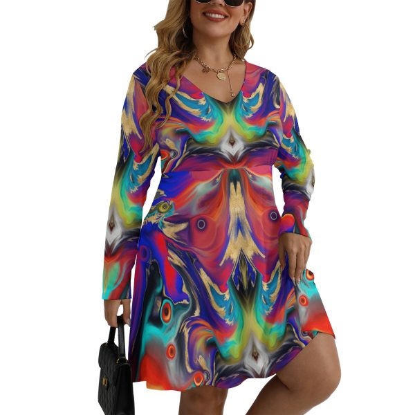 All-Over Print Women's V-neck Long Sleeve Dress(Plus Size)