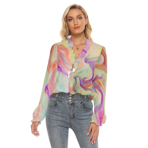 All-Over Print Women's Pleated Collar V-neck Shirt