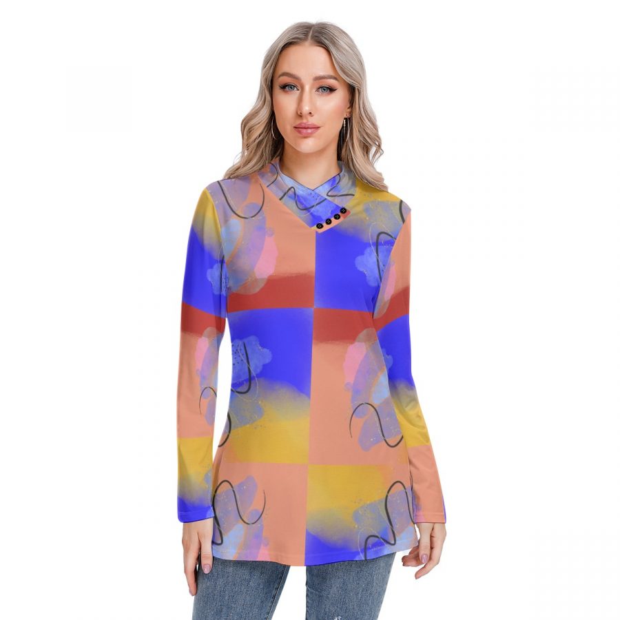 All-Over Print Women's Long-sleeved Heap-neck Slim Casual Tunic Blouse