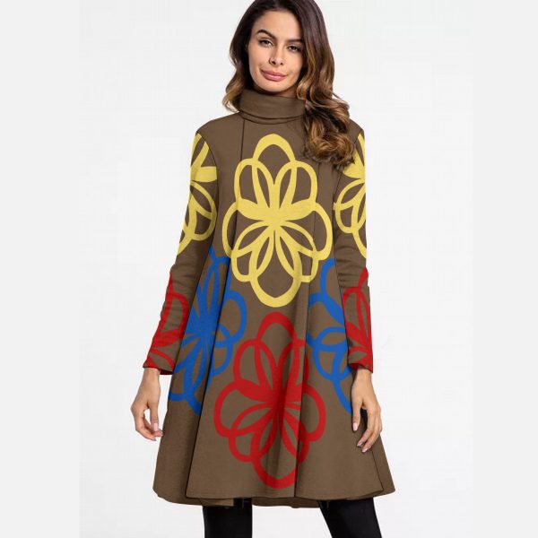 All-Over Print Women's High Neck Dress With Long Sleeve