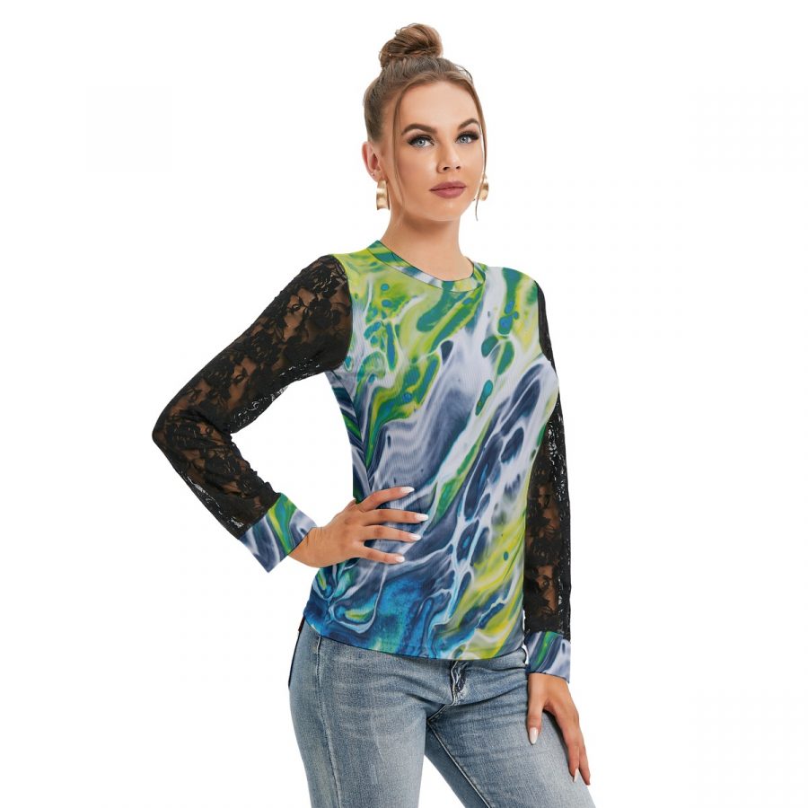 All-Over Print Women's T-shirt And Sleeve With Black Lace - Image 3