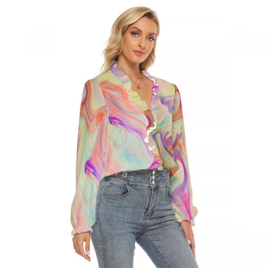 All-Over Print Women's Pleated Collar V-neck Shirt - Image 3