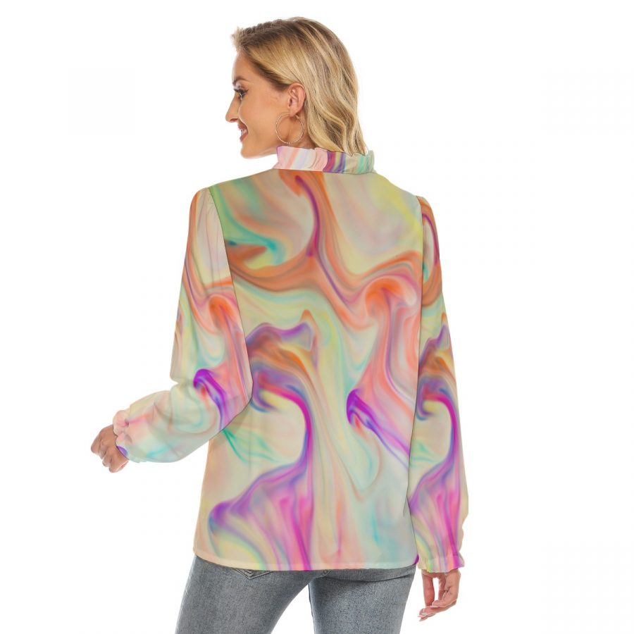All-Over Print Women's Pleated Collar V-neck Shirt - Image 4