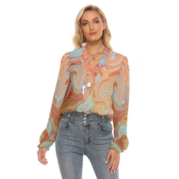 All-Over Print Women's Pleated Collar V-neck Shirt