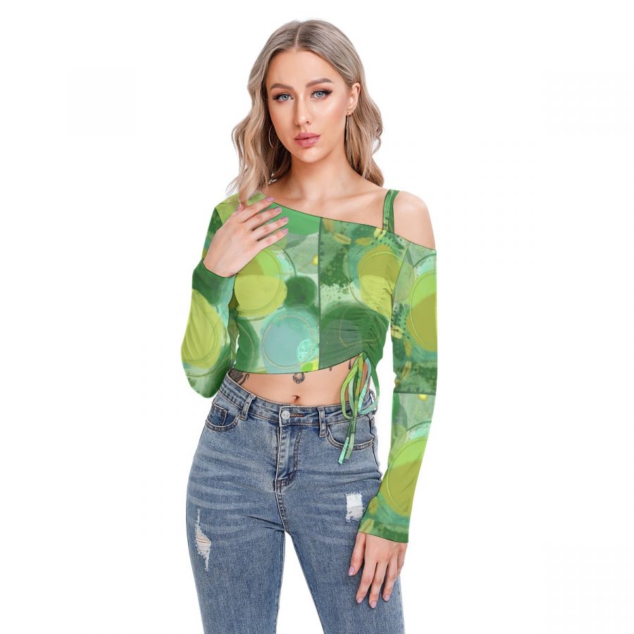 All-Over Print Women's One-shoulder Blouse With Drawstring - Image 3