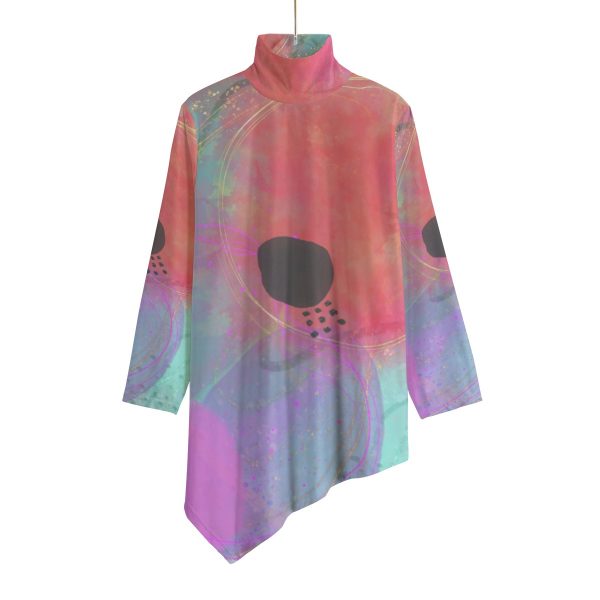 All-Over Print Women's Turtleneck T-shirt With Sloping Hem