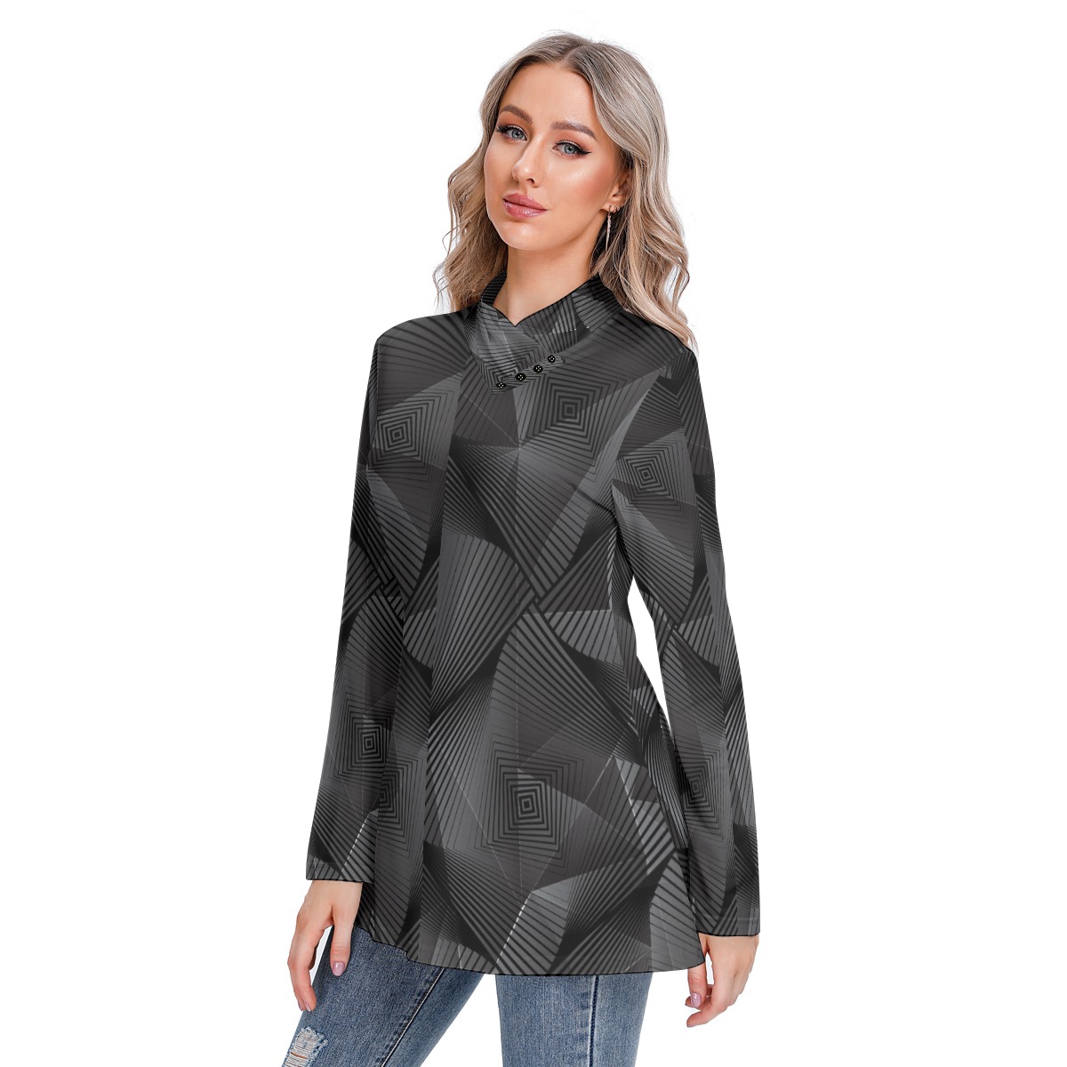 All-Over Print Women's Long-sleeved Heap-neck Slim Casual Tunic Blouse - Image 2