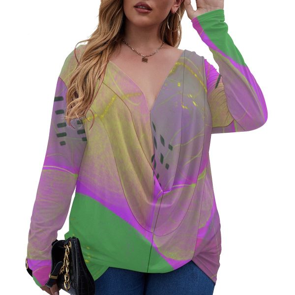 All-Over Print Women's V-neck Plus Draped Longline T-shirt With Long Sleeve (Plus Size)
