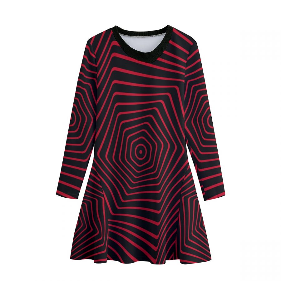 All-Over Print Women's Diagonal V-neck Dress With Long Sleeve