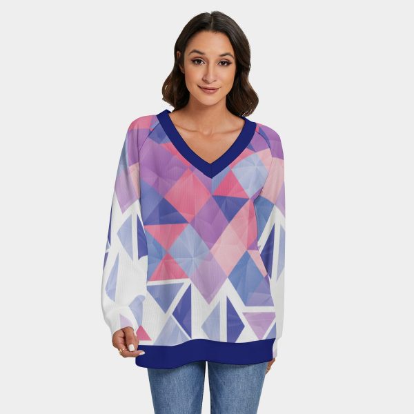 All-Over Print Women's V-neck Imitation Knitted Sweater With Long Sleeve