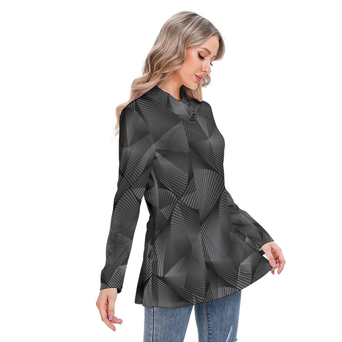 All-Over Print Women's Long-sleeved Heap-neck Slim Casual Tunic Blouse - Image 3