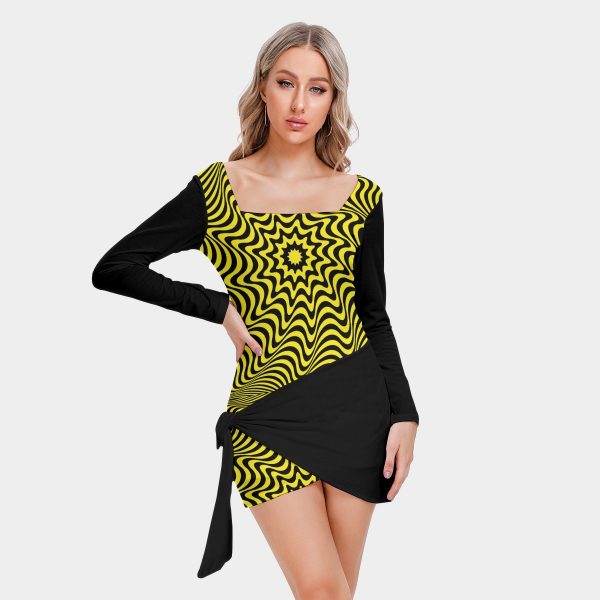 All-Over Print Women’s Square Collar Dress With Long Sleeve