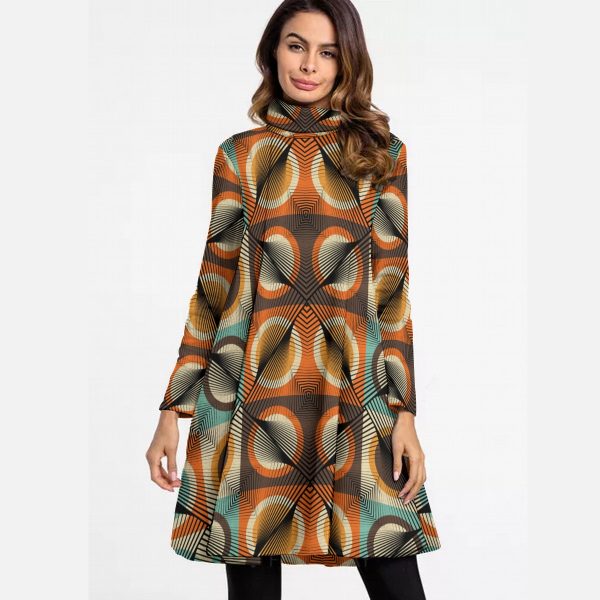 All-Over Print Women's High Neck Dress With Long Sleeve